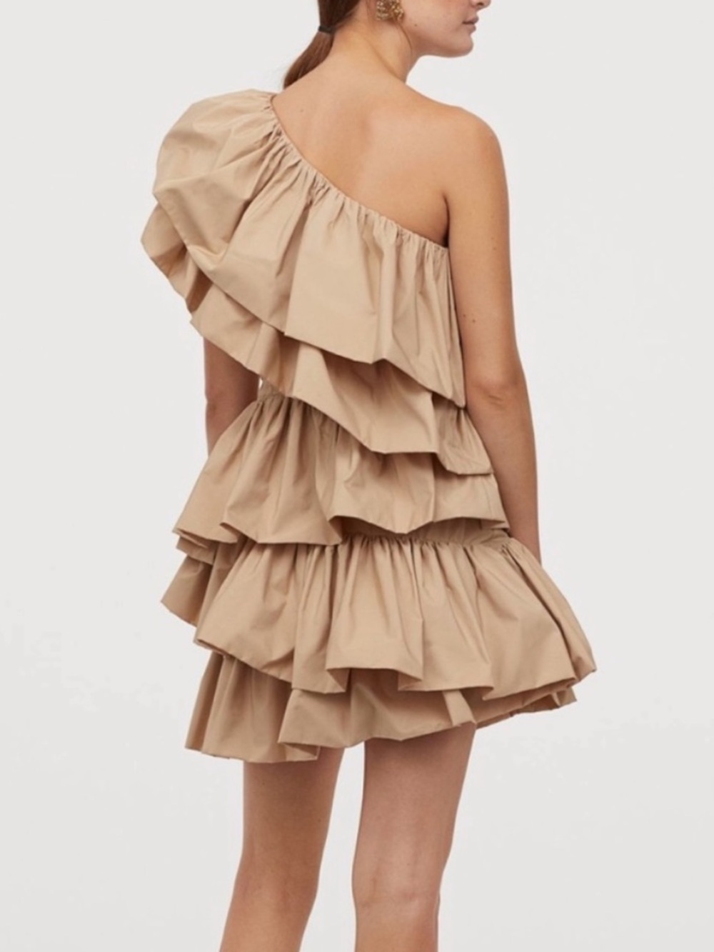 One-Shoulder Tiered Ruffle Mini Dress in Beige - Picture 4 of 11